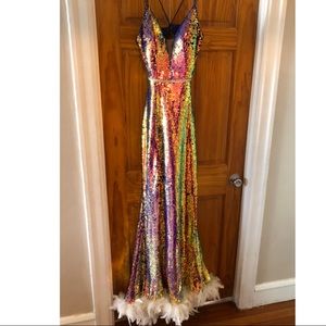 Cinderella Holographic Sequin Prom Dress with Feathers! :)